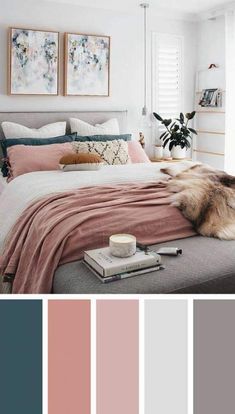 a bedroom with white walls, pink bedding and blue accents in shades of grey