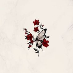 a butterfly sitting on top of red flowers in the middle of a white marble wall