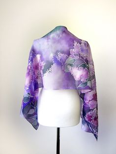 #Purple scarf with #lilac flowers from #minkulul Luiza Malinowska  #silkscarf Lilac Scarf, Purple Silk Scarf, Warm Purple, White Silk Scarf, Handpainted Silk Scarves, Abstract Scarf, Silk Scarfs, Romantic Gifts For Wife, Polish Artist