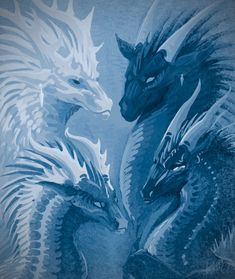 two blue dragon heads facing each other in front of a light blue background with black and white details