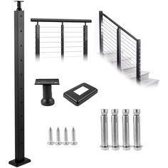 a set of metal railings and accessories including screws, bolts, brackets and nuts