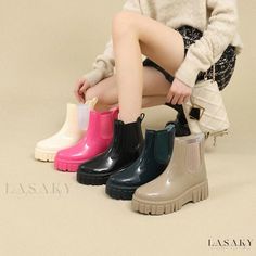 Lasaky - Fashionable Candy-Colored Rain Boots with Thick Soles, Waterproof and Slip-Resistant, Ideal for Outdoor Wear Slip-resistant Round Toe Boots For Rainy Weather, Round Toe Boots For Rainy Outdoor Activities, Slip-resistant Waterproof Boots For Rainy Season, Waterproof Round Toe Boots For Rainy Season, Insulated Round Toe Boots For Rain, Insulated Round Toe Boots For Rainy Season, Non-slip Waterproof Boots For Rainy Weather, Non-slip Waterproof Boots For Rainy Weather With Round Toe, Weatherproof Round Toe Rain Boots