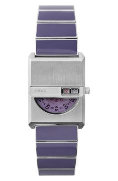 Purple epoxy adds a dreamy haze to this stainless-steel bracelet watch showcasing a half-moon display beneath the time window for a playful peak inside. 26mm case; 20mm band width Quartz movement Stainless steel Imported Modern Purple Watch With Round Dial, Purple Watch, Tandem, Steel Bracelet, Half Moon, Stainless Steel Bracelet, Quartz Movement, Bracelet Watch, Jewelry Watches