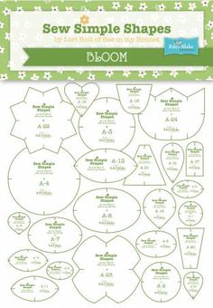 the sewing pattern for sew simple shapes is shown in green and white, as well as