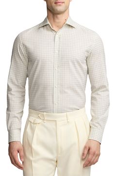 Tailored from crisp cotton, this versatile button-up patterned in a pale tattersall makes a distinctive foundation for any formal or semiformal look. 31" length; 44" chest (size Large) Front button closure Spread collar Long sleeves with button cuffs 100% cotton Dry clean or machine wash; flat dry Made in Italy Designer Clothing Classic Plaid Fitted Shirt, Plaid Fitted Classic Shirt, Classic Fitted Plaid Shirt, Plaid Cotton Dress Shirt For Business Casual, Business Casual Plaid Cotton Dress Shirt, Classic Plaid Business Tops, Classic Plaid Dress Shirt For Work, Plaid Cotton Shirt For Office, Classic Beige Shirt For Business Casual