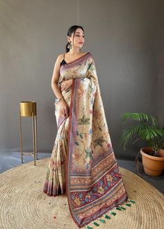 Kalamkari print saree blouse for women, designer wedding saree with rich pallu, semi silk saree for function, Indian ethnic wear for festive Saree Details:  Saree Color: 1) Brown 2) Maroon 3) Navy  Saree Length: 5.5 Meter Saree Fabric: concept semi silk  Saree Work : Beautiful pallu and border all over the saree with tassels  Digital Kalamkari print  Blouse Details : Blouse Color: Matching. Blouse Length: 0.8meter Blouse Fabric : Running  Blouse Work : Plain Blouse wear by model is just for mode Saree For Function, Brown Silk Saree, Kalamkari Print, Print Saree, Kalamkari Saree, Party Kleidung, Plain Blouse, Brown Silk, Blouse Material