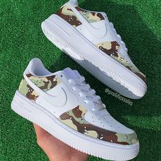 Hand painted desert camouflage pattern on authentic white Air Force 1s. Painted with water resistant and non cracking leather paint.