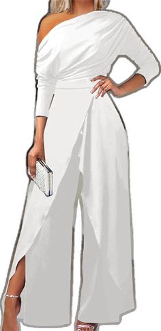 White Fitted Jumpsuits And Rompers, Fitted White Jumpsuits And Rompers, Fitted White Solid Color Jumpsuits And Rompers, White Solid Color Jumpsuit For Spring, White Non-stretch Pants, White Party Pants For Fall, White Fitted Jumpsuits And Rompers For Spring, Chic White Non-stretch Jumpsuits And Rompers, White Stretch Wide Leg Jumpsuit