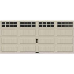 an overhead garage door with three windows on the top and bottom panel, in beige