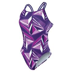 a women's purple and white swimsuit with an abstract design on the front