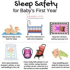 a baby's first year safety poster with instructions on how to use the bed