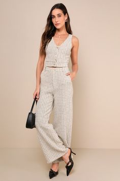 Posh Perception Ivory and Black Plaid Tweed Wide Leg Pants Winter Graduation Outfit, Business Casual Pants Women, Tweed Two Piece, Tweed Outfit, Tweed Pants, Bridal Shower Outfit, Lulu Fashion, Black Tweed, Adhesive Bra