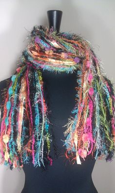 Knotted Scarf All Fringe Scarves Womens Scarf  by FlorasFinest Festive Multicolor Bohemian Scarves, Artsy Multicolor Handmade Scarves, Multicolor Fringed Scarves For Festivals, Handmade Multicolor Spring Scarves, Multicolor Fringed Scarves One Size, Yarn Necklace, Scarf Knots, Chic Scarves, Scarf Yarn