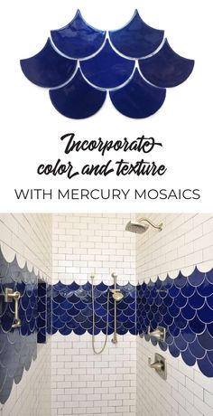 two images show the same bathroom with blue and white tiles on the shower wall, along with text that reads mosaic - color and texture with mercury mosaics