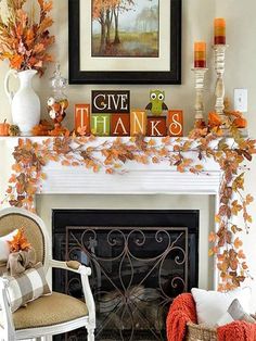 a living room with a fireplace decorated for fall