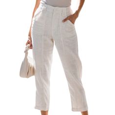 The Amaryllis Women's High-Waisted Linen Cropped Pants bring a blend of elegance and comfort to your wardrobe. Crafted from lightweight linen, these pants offer a breathable and airy feel, perfect for warm weather. The high-waisted design is complemented by button details at the waist, adding a touch of sophistication and style. With a relaxed fit and cropped length, these pants provide ease of movement and a casual yet polished look. Pair them with a fitted top or blouse for an effortlessly chi High Waist Linen Bottoms With Buttons, Chic Relaxed Fit Pants With Buttons, High Waist Linen Bottoms With Button Closure, Chic Ankle-length Wide Leg Pants With Buttons, Chic Wide Leg Ankle-length Pants With Buttons, Elegant Linen Bottoms With Buttons, Elegant Linen Pants With Button Closure, Chic Linen Pants With Button Closure, Elegant Solid Color Bottoms For Day Out