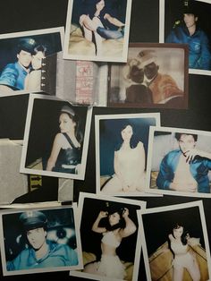 multiple polaroid photos of people posing in different outfits and hats, all showing the same woman's body