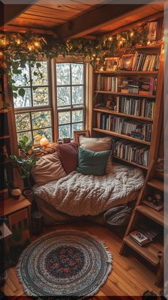 a room with a bed, bookshelf and many lights on the windowsill