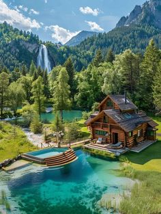 an aerial view of a house with a pool in the foreground and mountains in the background