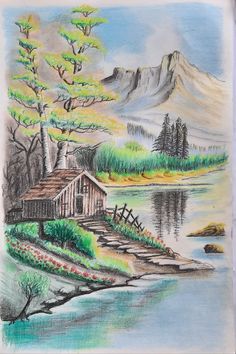 a drawing of a cabin by the water