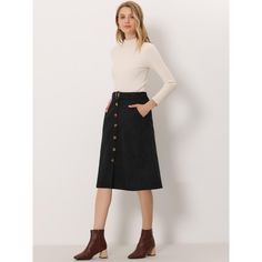 Indulge in a perfect blend of comfort and style with this ribbed corduroy A-line skirt. The high-fitted waist and slightly flared hem add a touch of elegance to the skirt, while the matching waist tie accentuates your curves, creating a flattering silhouette. The elastic waist and belted detail make it comfortable to wear all day long. This versatile skirt is suitable for any occasion, be it a party, a day out shopping, or a day at the office. The midi length adds a touch of sophistication to th Corduroy Midi Skirt, Midi Skirt Black, Midi Skirt With Pockets, Button Front Skirt, Midi Flare Skirt, Corduroy Fabric, Midi Length Skirts, Black Midi Skirt, Fall Skirts