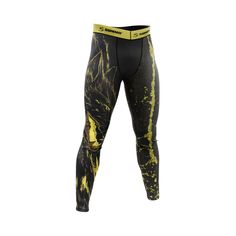 a man's leggings with yellow and black paint splattered on it