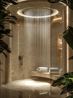 a shower head in the middle of a room with plants and towels on the walls