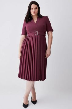 Plus Size Structured Crepe Forever Pleat Dress | Karen Millen Dark Drinks, Plus Size Midi Dress, Belted Wrap Coat, Pleat Dress, Notched Neckline, Spring Weddings, Style Savvy, Pleated Midi Dress, Satin Maxi Dress