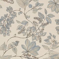 a blue and white wallpaper with leaves on it