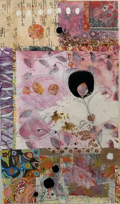 mixed media collage with various images and words on it, including an oval hole in the middle