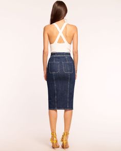 Marietta High-Waisted Denim Skirt in dark wash | Ramy Brook Chic Fitted Dark Wash Mini Skirt, Chic Dark Wash Denim Mini Skirt, Chic Fitted Medium Wash Denim Skirt, Fitted High Waist Dark Wash Denim Skirt, Chic Fitted Mini Skirt In Medium Wash, Mid-rise Lined Denim Skirt, Chic Mid-rise Relaxed Skirt Bottoms, Chic High Waist Denim Blue Mini Skirt, Chic Fitted Medium Wash Skirt