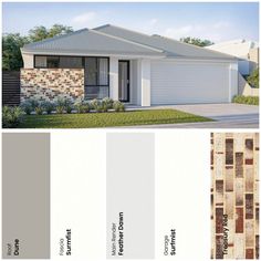 the front and side views of a house with different shades of gray, white and brown