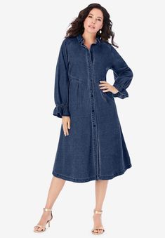 <div>An updated take on our relaxed and easy shirtdress, made in supersoft denim with a shirt collar and button-front design. Ruffle-trim elastcized blouson</div> Relaxed Fit Denim Dress With Button Closure For Work, Casual Mid-length Shirt Dress For Fall, Collared Medium Wash Shirt Dress With Buttons, Medium Wash Collared Shirt Dress With Buttons, Long Sleeve Medium Wash Shirt Dress For Fall, Chic Relaxed Fit Button-up Denim Dress, Long Sleeve Denim Dress With Button Closure For Daywear, Button-up Medium Wash Shirt Dress, Collared Medium Wash Shirt Dress For Work