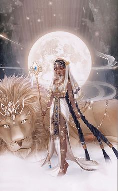 an image of a woman and a lion in front of a full moon