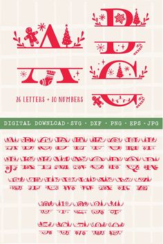 the font and numbers for christmas cards are shown in red, green, and white