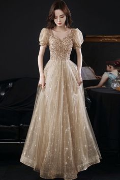 Prom Dress A Line, Debut Dresses, Gold Tulle, A Line Prom Dress, Prom Dress Evening, Gold Gown, Golden Dress, A Line Evening Dress, A Line Prom Dresses