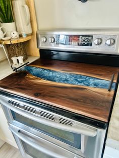 a stove top oven sitting inside of a kitchen next to a potted plant on the counter