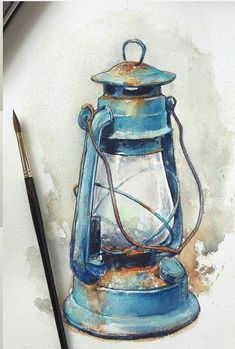 a watercolor painting of a blue lantern with a light on it next to a brush