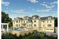 this is an artist's rendering of a large mansion with a pool in the front yard