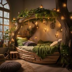 a bed made out of wood with lights on the headboard and trees growing over it