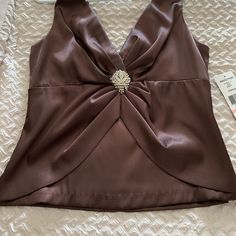 Chocolate Brown Satin Camisole Can Be Dressed Up Or Dressed Down With Jeans! Zip Back! With Jeweled Brooch Infront! Brown Sleeveless Top For Party, Spring Formal Camisole Top, Formal Spring Camisole Top, Fitted Sleeveless Top For Formal Occasions, Fitted Sleeveless Formal Top, Brown Fitted Top For Evening, Elegant Party Vest Blouse, Elegant Party Blouse With Vest Detail, Elegant Party Blouse Vest