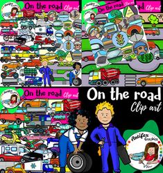 the road clip art set includes cars, trucks and people