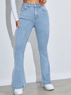 Material:DenimComposition:90% Cotton,10% SpandexLength:Long lengthBelt:NoDetails:WashedPatterned:Solid colorSuitable types:Slim FitSheer:NoFabric:High StretchType:Flare LegPant Length:Long lengthSeasons:All-seasonCare Instructions:Machine wash, do not dry cleanStyle:CasualOccasion:Weekend CasualClosure Type:Button FlyFit Type:SkinnyWaistline:High WaistPrinting Type:No PrintingItem ID:PE07747 There maybe 1-2 cm deviation in different sizes, locations and stretch of fabrics. Size chart is for refe Light Blue Bootcut Jeans, Blue Bootcut Jeans, Women's Denim Jeans, Custom Made Clothing, Flare Leg Pants, Women Denim Jeans, Save The Planet, Jean Outfits, Denim Pants