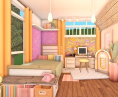 Bloxburg Retro Bedroom, Retro Bloxburg Room, Maximalist Bloxburg House, Colorful Retro Bedroom, Artistic Bedroom, Insta Link, Retro Apartment