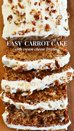 carrot cake with cream cheese frosting and pecans on top is shown in this image