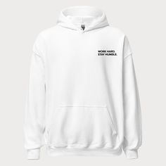 "Hello! We are new here, but ready to make a name for ourselves. Pete & Iver (eye-ver) is a place for the modern minimalist. Dedicated to simple, clean designs, we hope our pieces become your closet staples. You're new go-to hoodie that goes with everything. Black embroidered \"Work Hard. Stay Humble.\" on the left chest. Design is 4\" wide.  * Unisex Heavy Blend Hoodie | Gildan 18500 * 50% pre-shrunk cotton, 50% polyester * Fabric weight: 8.0 oz/yd² (271.25 g/m²) * Air-jet spun yarn with a soft White Embroidered Hoodie For Streetwear, White Hoodie With Embroidered Text, Relaxed Fit, Embroidered Hoodie With Relaxed Fit For Streetwear, Embroidered Relaxed Fit Hoodie For Streetwear, Streetwear Crew Hoodie With Embroidered Text, Streetwear Hoodie With Embroidered Text In Relaxed Fit, Relaxed Fit Hoodie With Embroidered Text For Streetwear, Embroidered Text Hoodie For Streetwear, Sporty White Hoodie With Embroidered Text