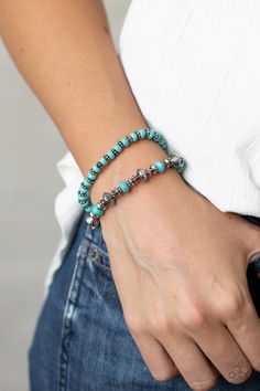 A mismatched assortment of turquoise stone beads and decorative silver beads are threaded along stretchy bands around the wrist, creating an earthy pair.

 Sold as one set two of bracelets. Blue Cactus, Easy Jewelry, Paparazzi Accessories, Chip Beads, Hammered Silver, Blue Bracelet, Blue Rings, One Set, Boutique Jewelry