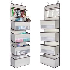 two hanging storage racks with various items on them and one is filled with toiletries