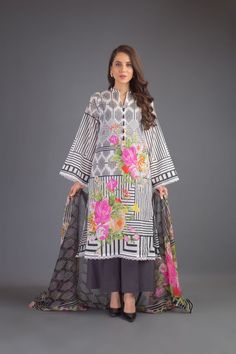 Long Sleeve Cambric Dress With Floral Print, Long Sleeve Floral Print Cambric Dress, Spring Cambric Dresses With Long Sleeves, Long Sleeve Cambric Dresses For Spring, Spring Long Sleeve Cambric Dress, Spring Cambric Dress With Printed Motifs, Multicolor Cambric Dress With Dabka, Summer Cambric Dresses With Printed Motifs, Elegant Summer Dress In Cambric