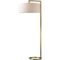 a floor lamp with a white shade on it's side and a gold metal base